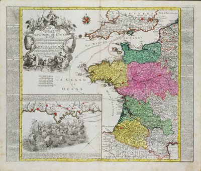 Deutsche Karte zeigt englische Angriffe auf französische Häfen im Jahr 1758 von German School