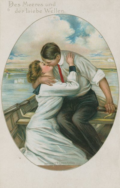 Deutscher Mann und Frau küssen sich in einem Boot, Postkarte gesendet am 10. September 1913 von German School