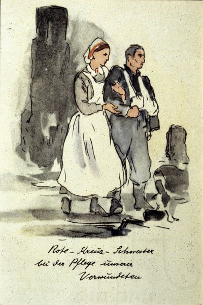 Deutsche Krankenschwester unterstützt einen Verwundeten. 1942 von German School