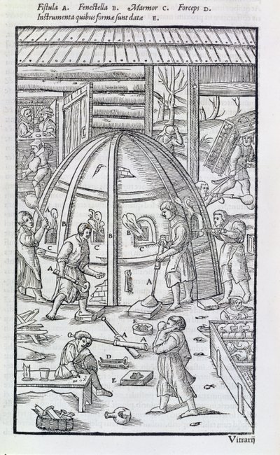 Glashütte, Illustration zeigt den Marmorofen und Glasbläser (Holzschnitt) von German School