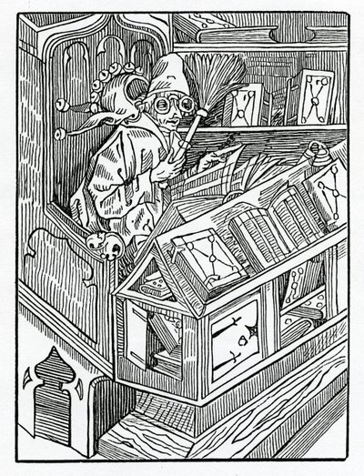 Hier beginnt das Narrenschiff und zuerst die unprofitablen Bücher, Illustration aus Alexander Barclays englischer Übersetzung von 