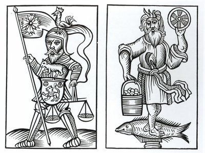Hermensul oder Irmensul (links) und Crodon (rechts) Idole der alten Sachsen, nach einem Holzschnitt in den Annales Circuli Westphaliae von Herman Stangefol, veröffentlicht 1656 von German School