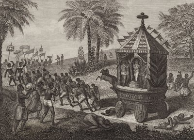 Hindu-Anbeter ziehen einen Wagen von Juggernaut im alten Indien. Illustration für Bilder-Atlas (Gravur) von German School