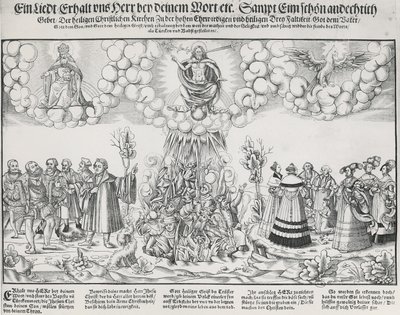 Illustration des Liedes von Martin Luther, das um Gottes Hilfe gegen das tödliche Werk des Papstes bittet von German School