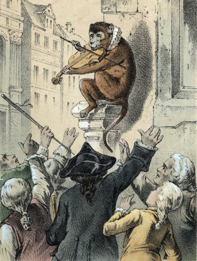 Illustration von Franz Hoffmanns Märchen „Märchen und Fabeln - Der Affe und die Geige“: Ein Affe spielt Geige vor einer Menschenmenge. Chromolithographie des 19. Jahrhunderts. von German School