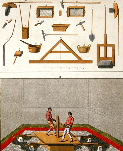 Illustration von Werkzeugen und Arbeitern, die einen Boden verlegen, aus 