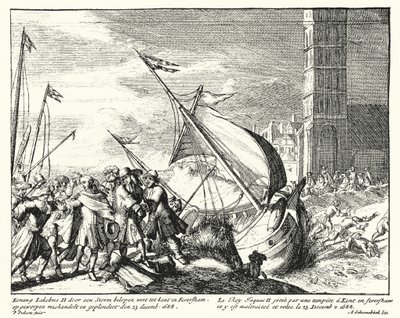 Jakob II. von England wird von Fischern in Faversham, Kent, gefangen genommen, während er versucht, nach Frankreich zu fliehen von German School