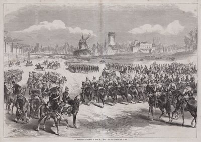 Kaiser Wilhelm I. von Deutschland beobachtet seine Armeeparade in Longchamp, Paris, Frankreich, März 1871 (Stich) von German School