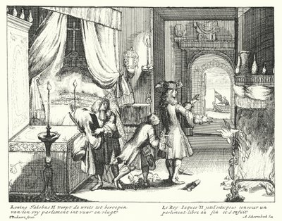 König Jakob II. von England verbrennt den Befehl, das Parlament einzuberufen, und flieht von German School