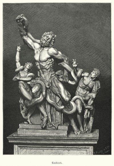 Laokoon und seine Söhne, antike griechische oder römische Skulptur, 1506 in Rom ausgegraben (Gravur) von German School