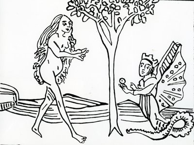 Lilith, geflügelt und gekrönt, mit Schlangenschwanz, bietet Eva den Apfel an, aus 