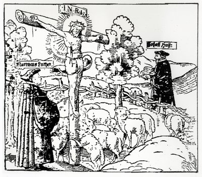 Luther (1483-1546) und Hus (1369-1415) mit Christus im Schafstall, ca. 1520-21 von German School