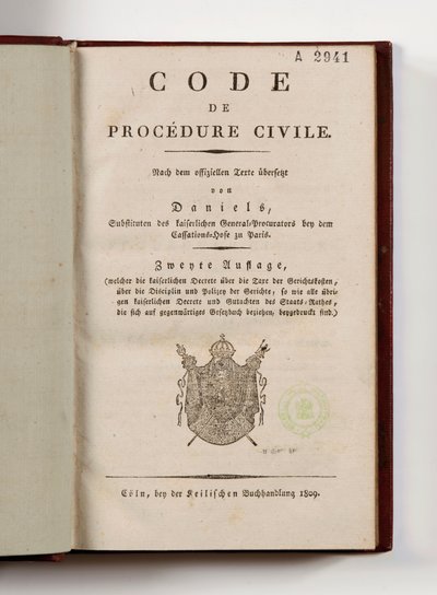 Napoleonischer Zivilprozesskodex für die französischen Departements am linken Rheinufer, geöffnet auf der Titelseite, Köln, 1809 von German School