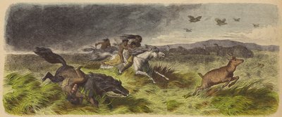 Indianer und Tiere fliehen vor einem Präriefeuer von German School