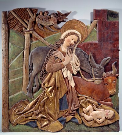 Geburt Christi (Relief auf der Innenseite des Altars in polychromem Holz der deutschen Schule, 1510) von German School