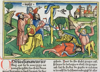Numeri 21:4-9 Giftige Schlangen beißen rebellische Israeliten, aus der Nürnberger Bibel (Biblia Sacra Germanaica) von German School