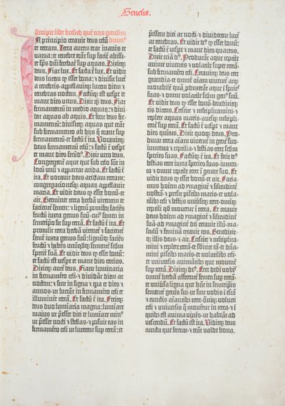 Eröffnungsseite des Buches Genesis aus der Gutenberg-Bibel, gedruckt von Johannes Gutenberg (ca. 1400-68) und Peter Schoeffer (1425-1502) in Mainz, 1454-56 (gedrucktes Papier) von German School