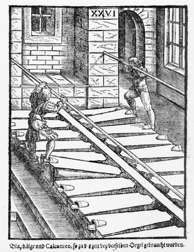 Orgelbälge und Bläser im Halberstädter Dom, aus Praetorius Syntagma Musicum, veröffentlicht 1619 von German School