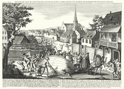 Bauern greifen den Ballon von Jacques Charles und den Gebrüdern Robert an, nachdem er am 27. August 1783 in Gonesse gelandet war (Stich) von German School
