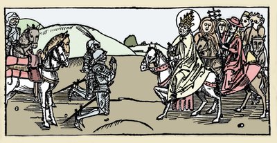 Papst Leo I. trifft Attila und die Arrete - Barbarische Invasionen - Gravur aus „Leben der Heiligen - Sommerteil“ (Das Buch der Heiligen) von Jacobus (Jakob) von Voragine (1228-1298). Lübeck 1488 von German School
