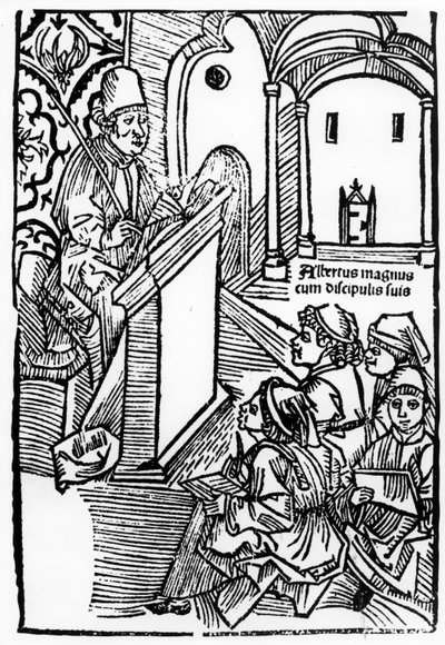 Porträt von Albertus Magnus mit einigen seiner Schüler, Illustration für die Titelseite von Epitomata, Reparaturen oder die gesamte Naturphilosophie von Aristoteles. von Gerardus de Harderwyck, veröffentlicht 14 von German School