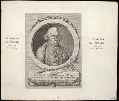 Porträt von Carl Philipp Emanuel Bach (1714-88), graviert von C. D. Krohn, 1788 von German School