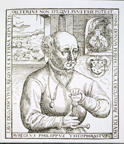 Porträt von Theothrastus Paracelsus (1493-1541), Kopie einer Illustration aus seinem Buch Astronomica et Astrologica Pouscula, Köln 1567, verwendet in einer Geschichte der Magie, veröffentlicht im späten 19. Jahrhundert von German School