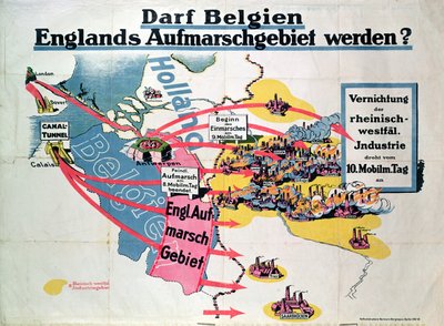 Plakat, das die deutsche Angst vor dem geplanten Bau eines Kanaltunnels zwischen Belgien und England ausdrückt, ca. 1914-18 von German School