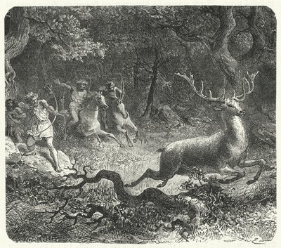 Prähistorische Menschen nutzen Pferde zur Jagd (Stich) von German School