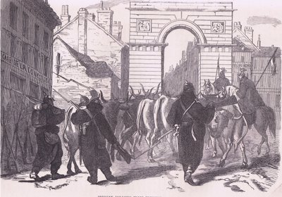 Preußische Plünderungstruppen bringen Vieh ein, Cassells Geschichte des Krieges zwischen Frankreich und Deutschland, veröffentlicht von Cassell and Company Limited, ca. 1890 (Lithografie) von German School