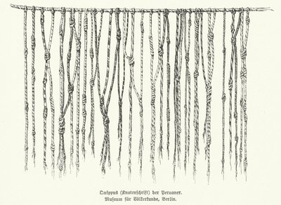 Quipu, Mittel zur Aufzeichnung von Informationen mit geknüpften Schnüren, verwendet von den Völkern der Anden in Südamerika (Lithografie) von German School