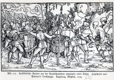 Rebellische Bauern umgeben einen Ritter, aus einer Illustration zu Trostspiegel von Petrarca, 1539 von German School