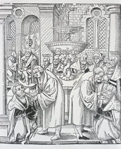 Reformatoren Martin Luther und Jan Hus spenden das Abendmahl von German School