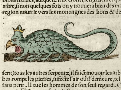 Darstellung des mythologischen Monsters Basilisk. Holzschnitt aus der Universal-Kosmographie von Sebastien Munster. Basel von German School