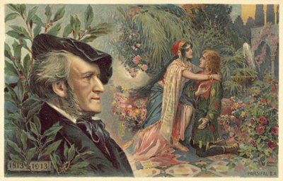 Richard Wagner und eine Szene aus seiner Oper Parsifal von German School