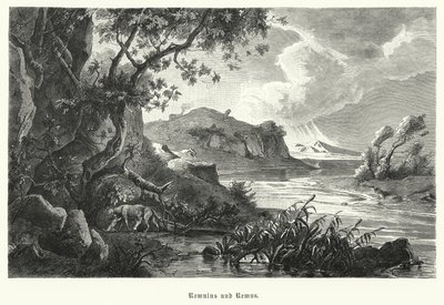 Romulus und Remus, legendäre Gründer des antiken Rom, von der Wölfin in der Wildnis gesäugt von German School