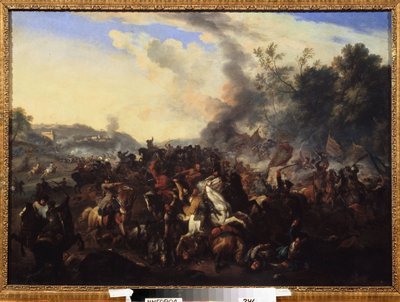 Schlachtenszene. Reiter und Pferde im Kampf von German School