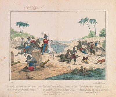 Gefecht zwischen Truppen von Kaiser Faustin I. von Haiti und der Dominikanischen Republik Santo Domingo im April 1851, illustriertes Flugblatt, veröffentlicht von Fried. Schulz Verlag, Stuttgart, 1851 von German School