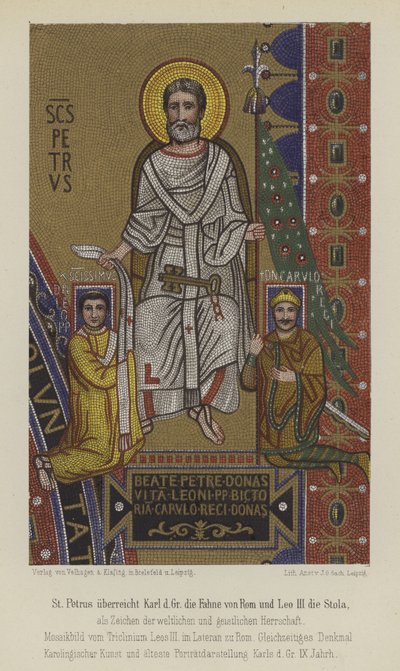 St. Peter überreicht Karl dem Großen die Flagge von Rom und Papst Leo III. die Stola von German School