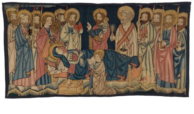Wandteppichpanel, das den Tod der Jungfrau darstellt, aus dem Mittelrhein, möglicherweise Trier, Mitte des 15. Jahrhunderts von German School