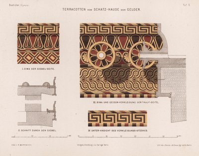 Terrakotta-Dekorationen aus dem Schatzhaus von Gela, Olympia, Griechenland (Farblithografie) von German School
