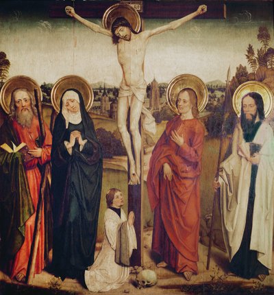 Die Kreuzigung, mit dem Heiligen Andreas, dem Heiligen Matthäus und einem Mann, der am Fuß des Kreuzes kniet von German School