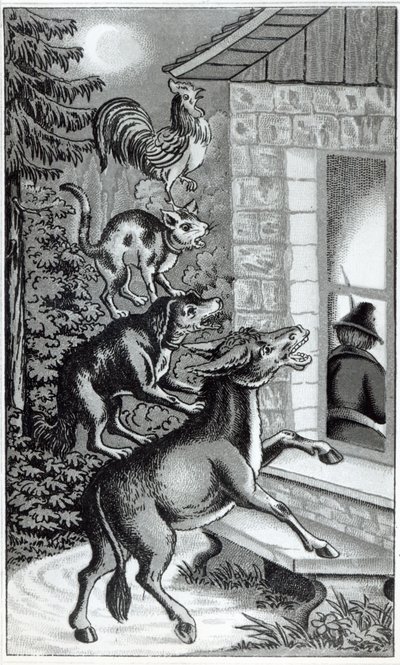 Die vier Tiere schreien am Fenster, Illustration für Die Bremer Stadtmusikanten, Märchen der Brüder Grimm von German School
