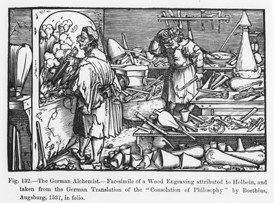 Der deutsche Alchemist, aus Trost der Philosophie von Boethius, Illustration aus Wissenschaft und Literatur im Mittelalter und in der Renaissance, geschrieben und graviert von Paul Lacroix, 1878 von German School