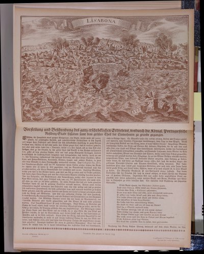 Das große Erdbeben von 1755 in Lissabon, Faksimile einer Originalgravur und Text, 1755 von German School