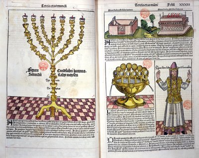 Die Menora und ein hebräischer Priester, aus der Nürnberger Chronik von Hartmann Schedel (1440-1514) 1493 von German School