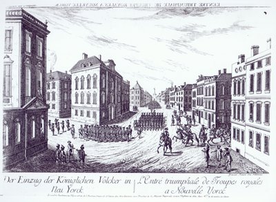 Der triumphale Einzug der königlichen Truppen in New York, 1776, graviert von Francois Xavier Habermann von German School