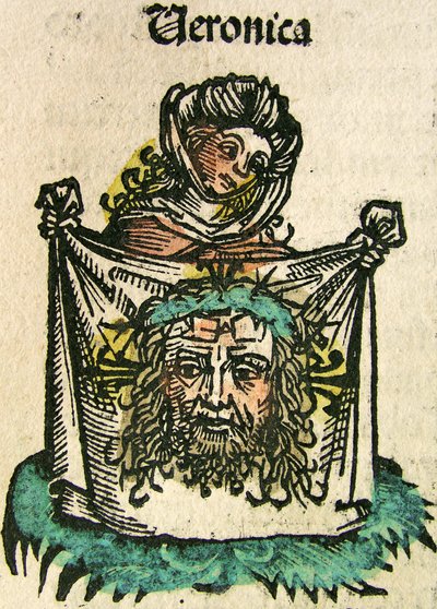 Das Schweißtuch der Veronika, veröffentlicht in der Nürnberger Chronik, 1493 von German School