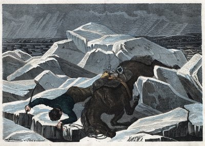 Der Sturz von Graf Sandor und seinem Pferd auf dem gebrochenen Eis der Donau. In „Wenn Jemand eine Reise tut, so kann er was erzählen“, deutsche Erzählung von Franz Wiedemann von German School
