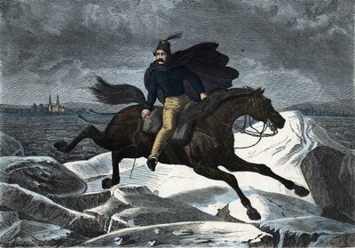 Die Geschichte von Sandor auf seinem Pferd Tartar, das auf dem Eisfluss der Donau galoppiert. In „Wenn Jemand eine Reise tut, so kann er was erzählen“, deutsche Geschichte von Franz Wiedemann von German School
